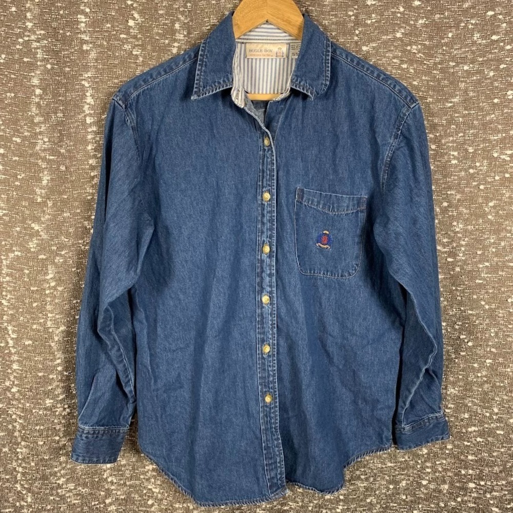 Vintage Bugle Boy Women's Button Up Denim Jean Top Size Med Blue Cotton